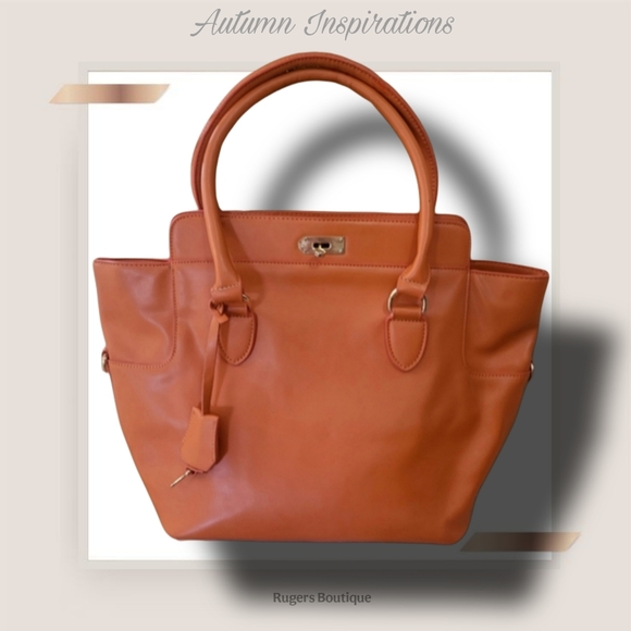 🌿Heggins Structured Orange faux-leather shoulder bag with gold tone hard - Picture 2 of 13